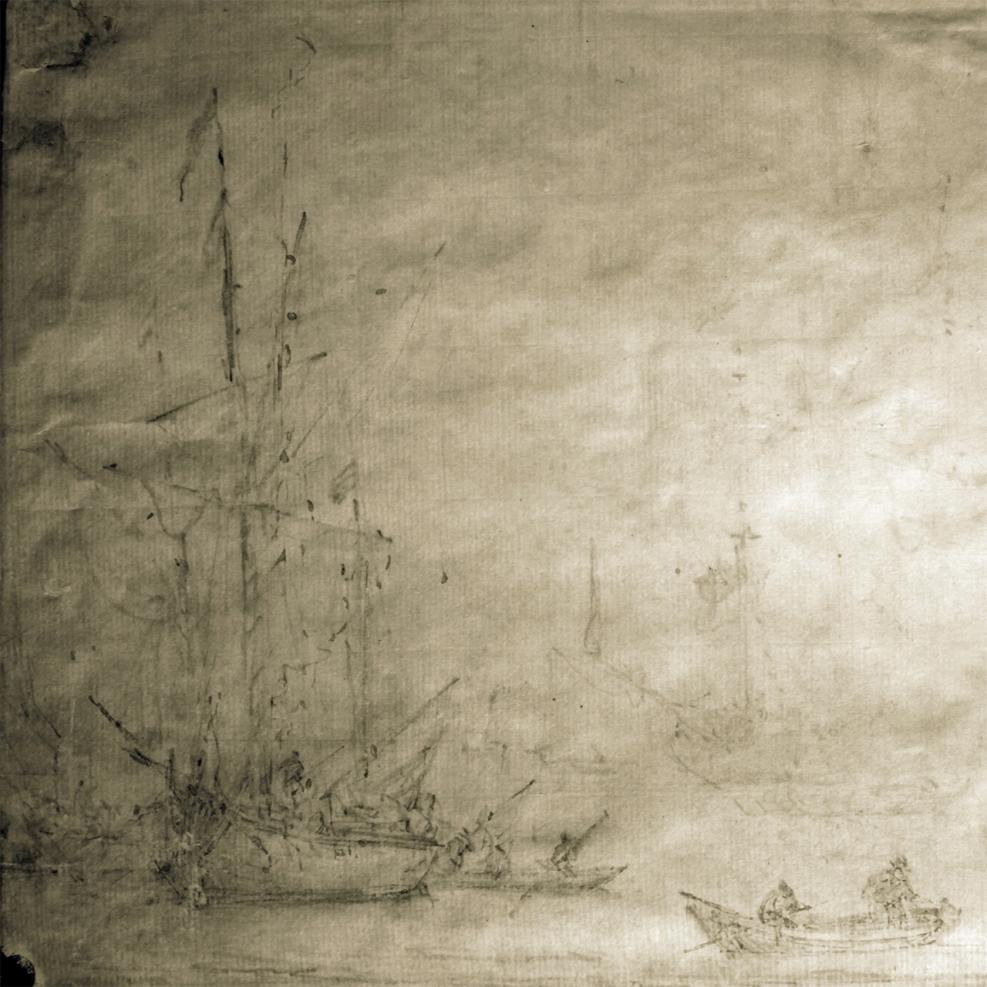 An infrared image of a drawing of a ship by Willem van de Velde. The infrared imaging technique helps to reveal the pencil 'underdrawing' beneath the visible ink marks